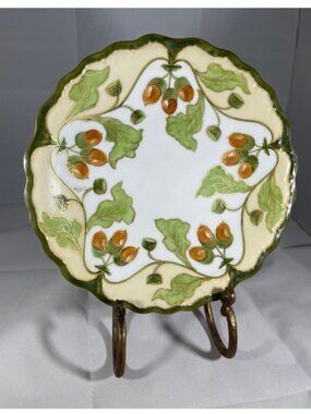 Limoges RARE VINTAGE White/Green/Gold Gilt Edge Acorn Plate, 8.5 Diameter